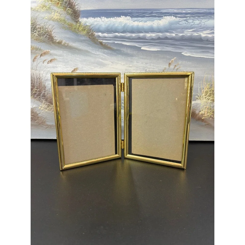 Vintage Gold Metal Double Folding Picture Frame 5x7 Hinged Tabletop Korea